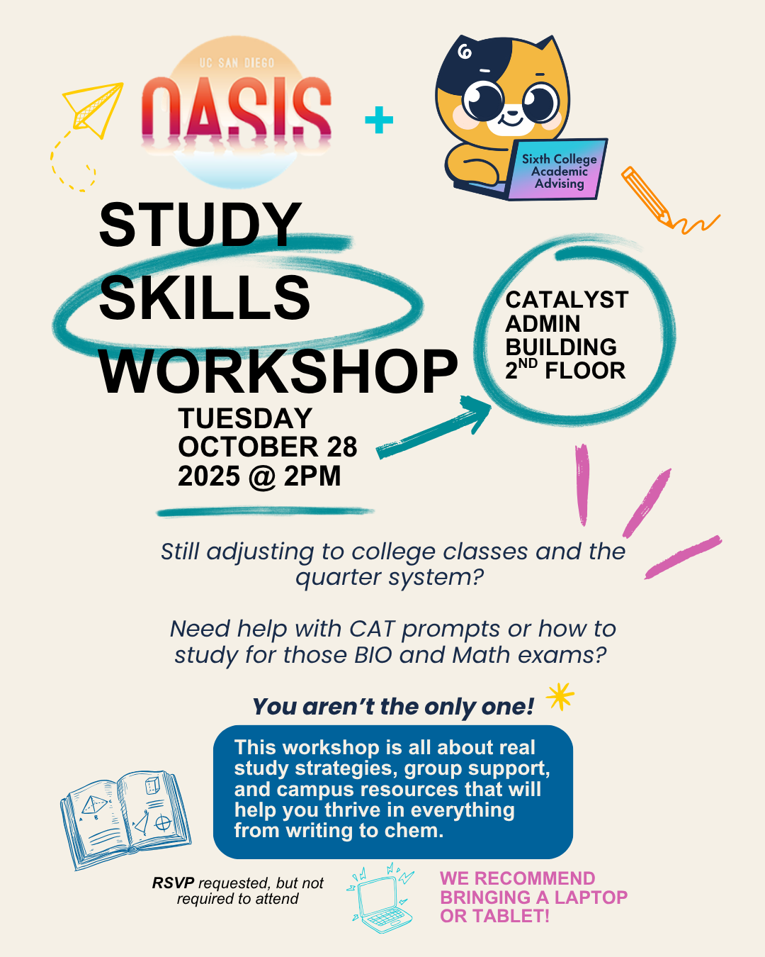 Marketing flier for the Study Skills workshop on Tuesday October 28 at 2:00 pm.
